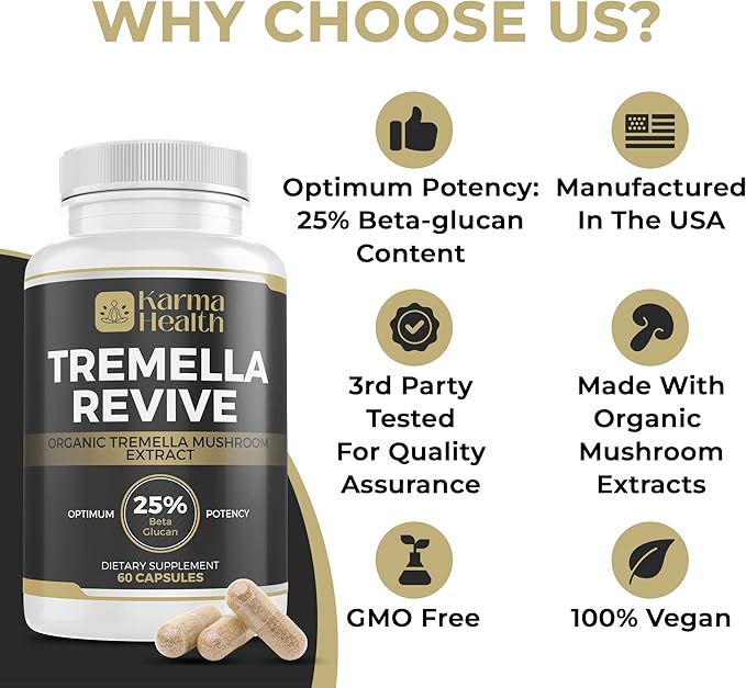 Tremella Mushroom Powder Capsules - Compressed White Snow Fungus Mushroom Powder Supplement - 25% Beta Glucan Content, Vegan & GMO Free. Snow Fungus Organic Supplement