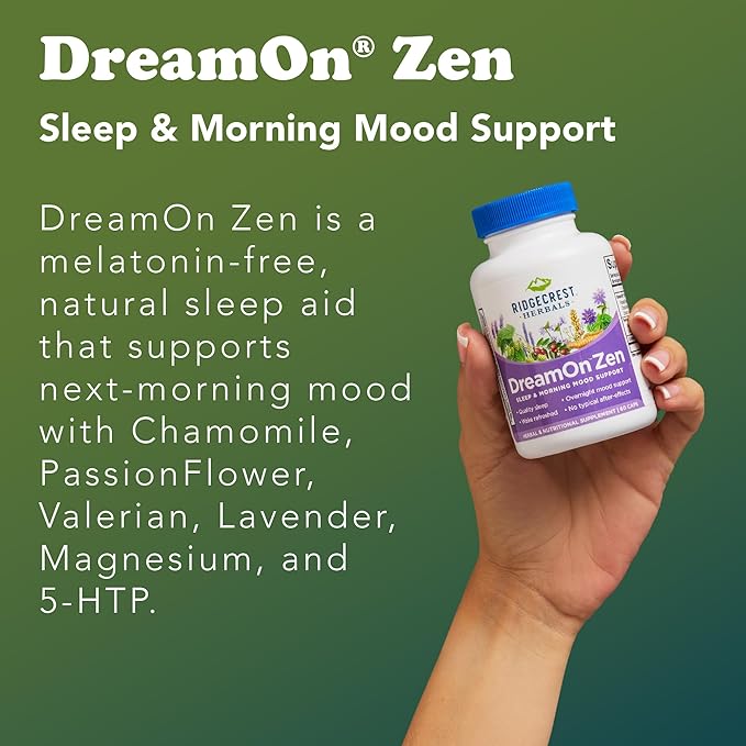 Ridgecrest Herbals DreamOn Zen, Sleep Support Supplement, Melatonin Free, Magnesium, 5-HTP, Lavender, Chamomile, Valerian, Lemon Balm for Adults and Children 12+ (60 Caps, 30 Serv)