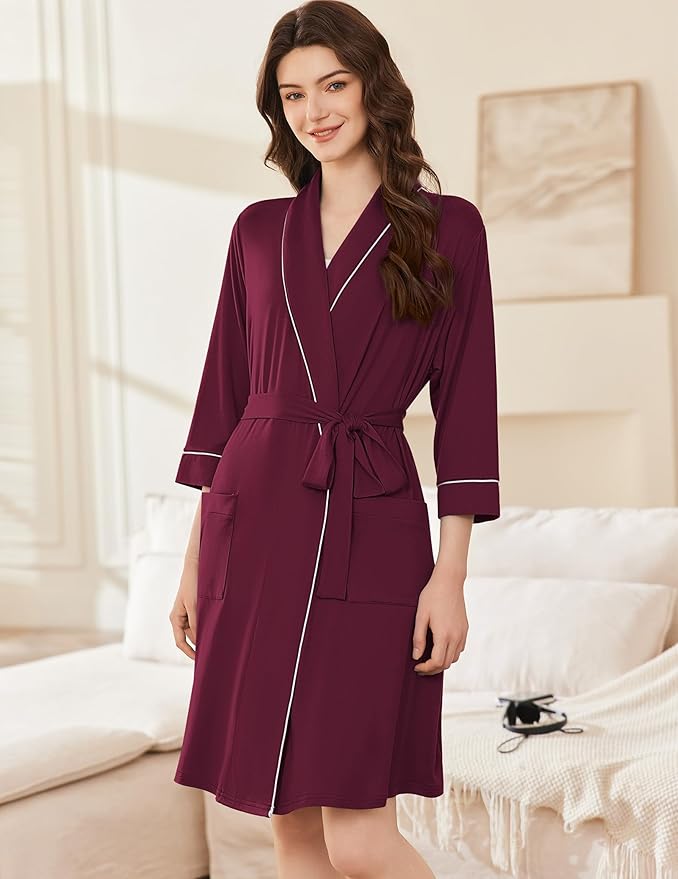 Ekouaer Women Robes Shawl Collar Bathrobe Short Kimono Robe Soft Knit Bathrobes Ladies Sleepwear with Pockets S-XXL