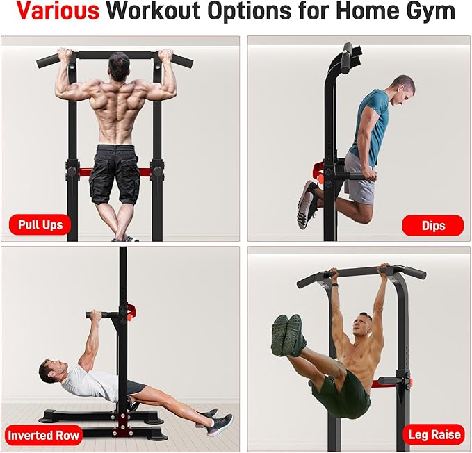 Outdoor Basic Power Tower, Pull Up Bar and Dip Station for Home Gym, 1600LBS Weight Capacity, Adjustable Height, Heavy Duty Steel Frame for Calisthenics, Strength Training Fitness Equipment