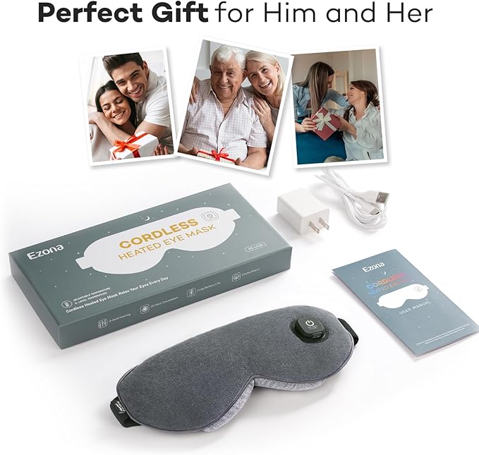 Ezona Cotton Cordless Heated Eye Mask, 2000mAh Warm Eye Compress Mask for Dry Eyes, Washable Eye Heating Pad for Travel, MGD,Blepharitis, Sinus Migraine with 10W Charger(Gray)