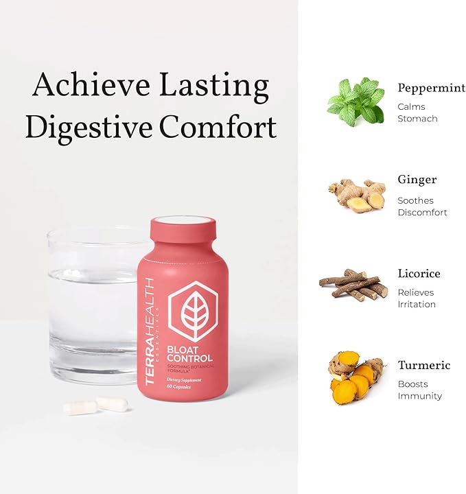 Terra Health Essentials Bloat Control | Fast-Acting No Bloat Relief w/Digestive Enzymes, Probiotic Strains for Targeted Anti Bloat Support - Lactase, Lipase, Protease & Amylase for Digestive Health