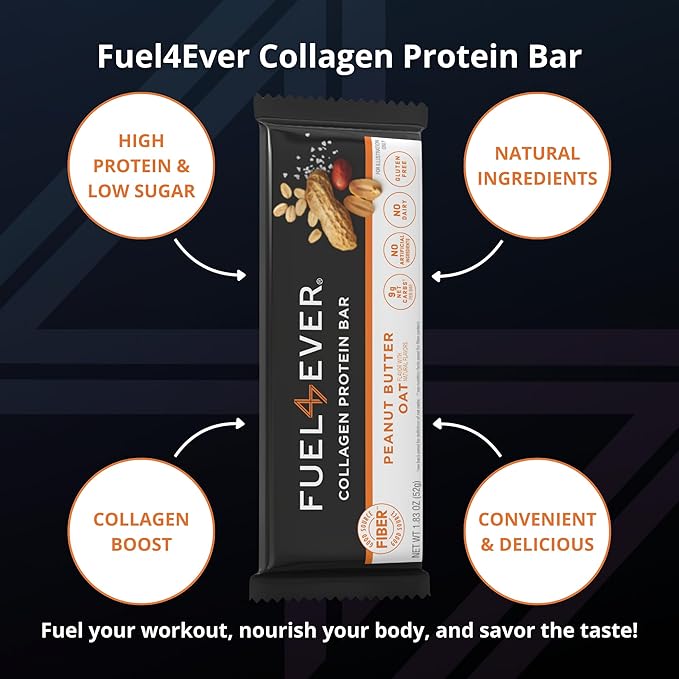 Fuel 4 Ever Peanut Butter Oatmeal Collagen Protein Bars, 14g Protein, MCT Oil, No Artificial Ingredients, Low Carb, High Fiber Snack Bar