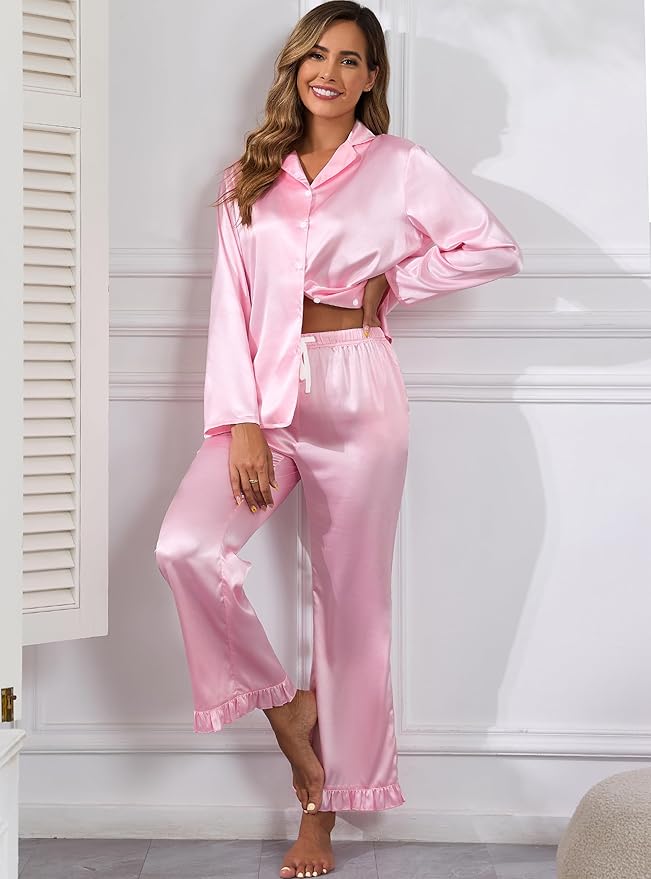 Veseacky Womens Satin Pajama Set Silk Pjs Button Down Long Sleeve Sleepwear Loungewear Sleepwear 2 Piece Pjs Set S-XXL
