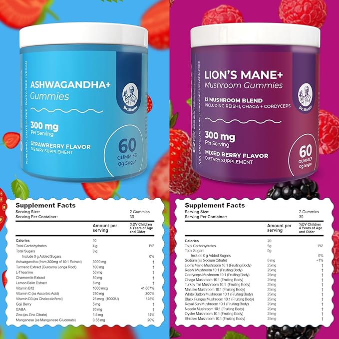 DR. MORITZ Ashwagandha + Lions Mane Mushroom Gummies Bundle – 120 Count Each – Sugar-Free, Non-GMO – with L-Theanine – Ashwagandha for Men & Women – Supports Calm, Focus, Relaxation & Immune Health