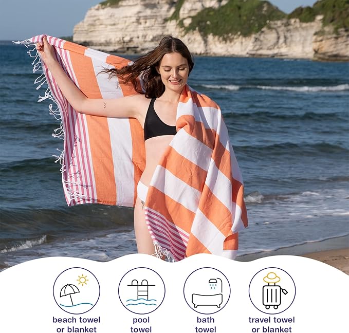 Oversized Turkish Beach Towel 38’’x71’’ - Set of 4 | 100% Turkish Cotton Lightweight Sand Free Quick Dry Pool Towels | Extra Large Bath Towels for Adults Beach Blanket Essentials