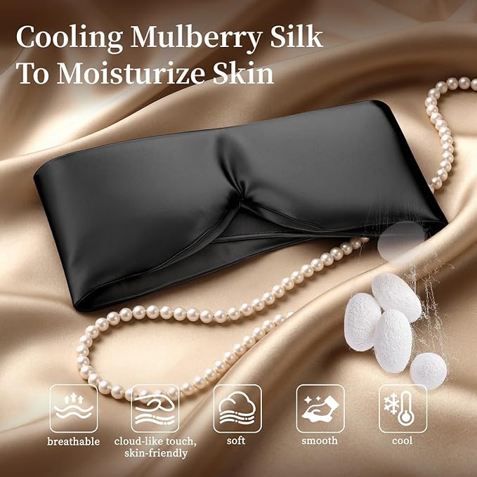 USlixury Silk Sleep Mask, 3D Contoured Sleeping Masks, Blackout Sleep Masks for Women with Nose Wing,100% Mulberry Silk, Face-Hugging Non-Slip SLEP Mask for Side Sleeper, 27.5x4.5'', Dark
