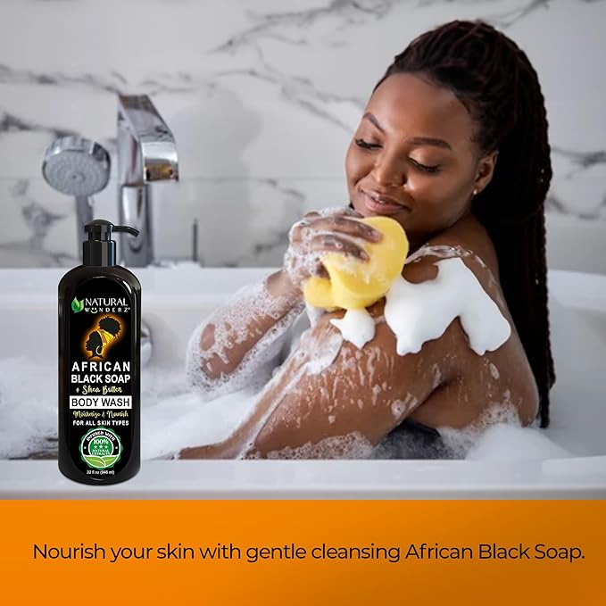 Natural Wunderz Body Wash with African Black Soap and Shea Butter, 32 Fl Oz Shower Gel, Promotes Acne Treatment, Contains All Natural Extracts, Vegan, and Sulfate-Free Body Scrub