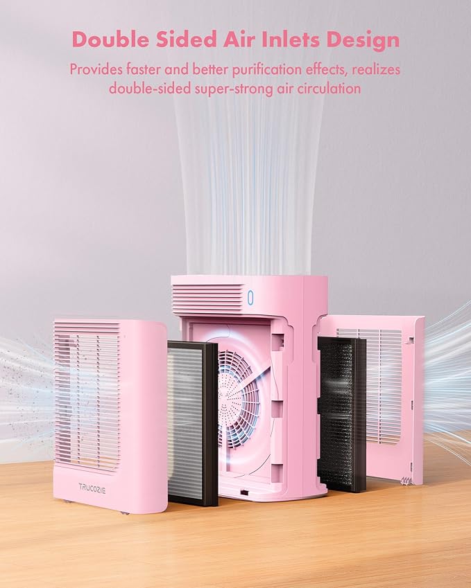 Trucozie Air Purifier for Home Large Room Bedroom Up to 1937 Ft² in 1 Hr With Double-sided Air Inlet, Air Quality and Light Sensors, HEPA Sleep Mode for Allergies, Dust, Pollen, Pet Hair, Pink