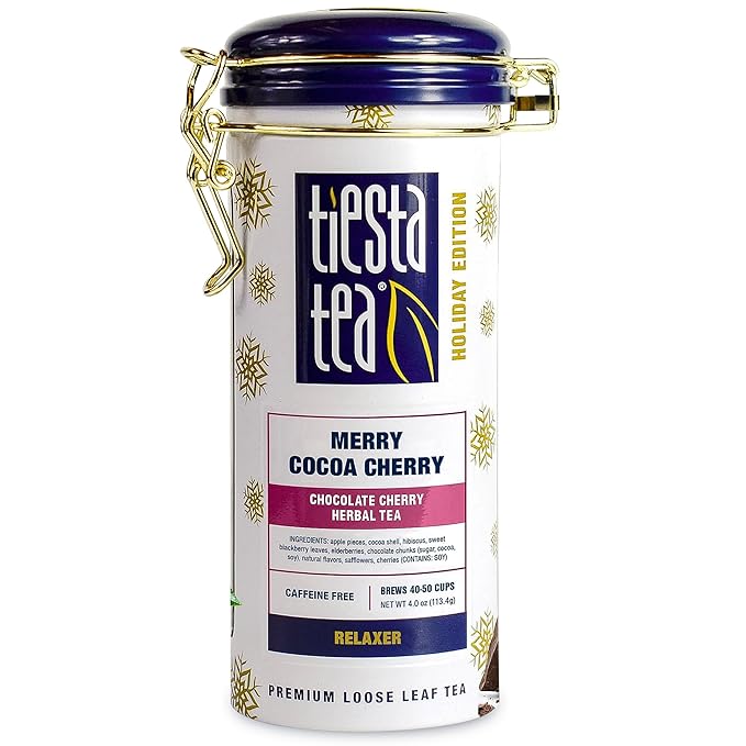 Tiesta Tea - Merry Cocoa Cherry Loose Leaf Tea, Chocolate Cherry Herbal Blend, Non-Caffeinated, Brew Hot or Iced, Refillable Tin Can, Makes up to 50 Cups, 4 Ounce