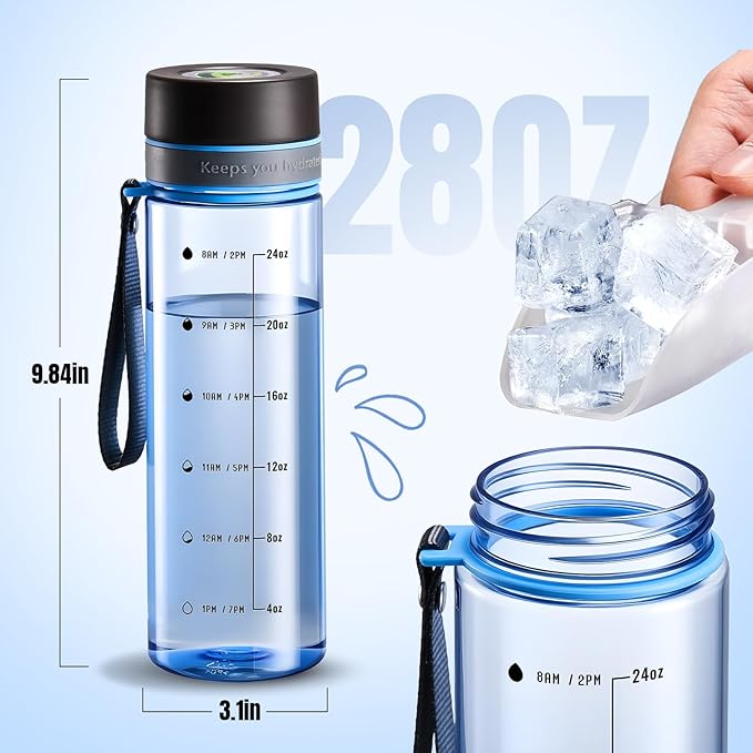 Plastic Water Bottles, 28oz Clear Water Bottle with Measurements, Wide Mouth Water Bottle with Strap, Gym Water Bottles for Men (Blue)