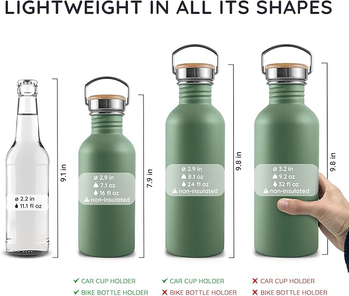 Bambaw 24 oz Stainless Steel Water Bottle, Green, Dishwasher Safe, Non Insulated, No Straw Sage Green