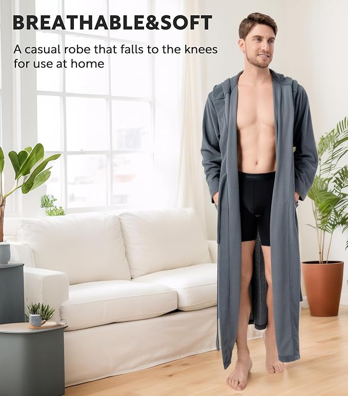 DAVID ARCHY Men's Robe Long Sleeve Lightweight Knit Bathrobe,Comfort Knee Length Hood Sleepwear