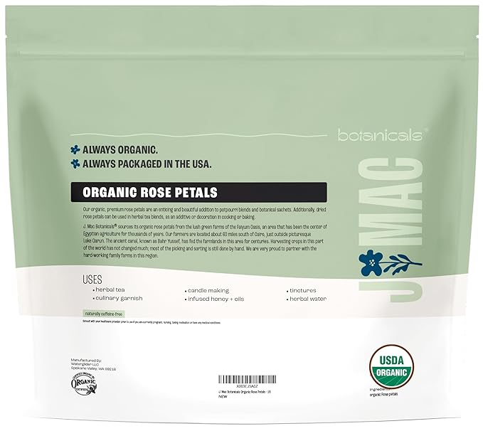 J MAC BOTANICALS Organic Rose Petals, (16 oz) Certified USDA Organic, edible, culinary grade dry rose petals, rose petals for herbal tea, cooking and crafts