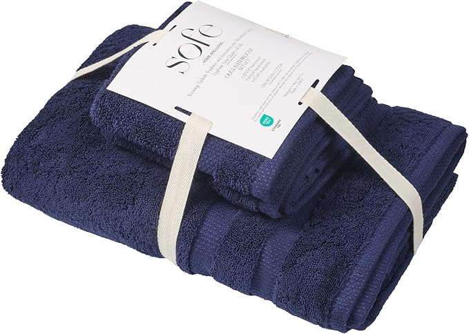SOFE H&L | Olea Luxury Turkish Cotton Bath Towels Set of 3 : 1 Bath Towel, 1 Hand Towel, 1 Wash Cloths, Navy |Thick, Premium, Soft, Durable, Absorbent - Hotel Quality Towel Sets for Bathroom