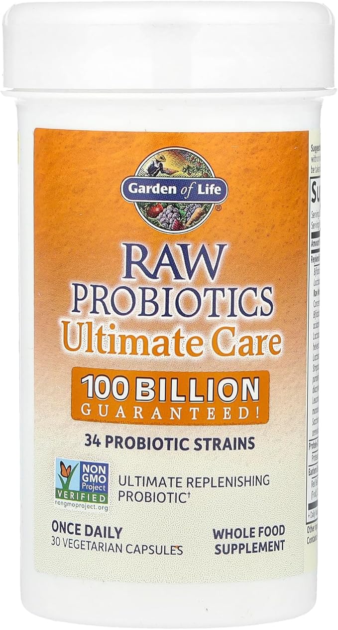 Garden of Life Raw Probiotics for Women and Men with Digestive Enzymes, 100 Billion CFU, Clinically Studied Strains, Shelf Stable, 30 Capsules