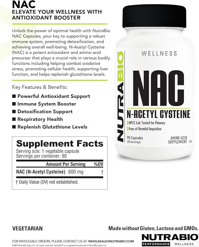 NutraBio N-Acetyl Cysteine Supplement (NAC) - 90 Capsules, 600mg Each - Powerful Anti-Oxidant - Immune Support - Boost Glutathione (Pack of 2)