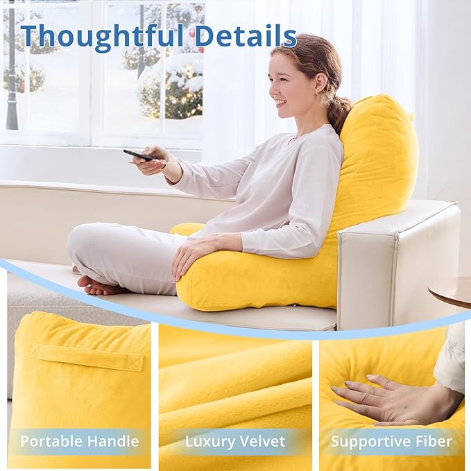 Sasttie 25-inch Reading Pillows for Sitting in Bed Adult, Jumbo Velvet Back Pillow Bed Sitting Up, XL High Back-Rest Support Cushion for Sit Up on Couch & Floor, Oeko-Tex Certified, Yellow