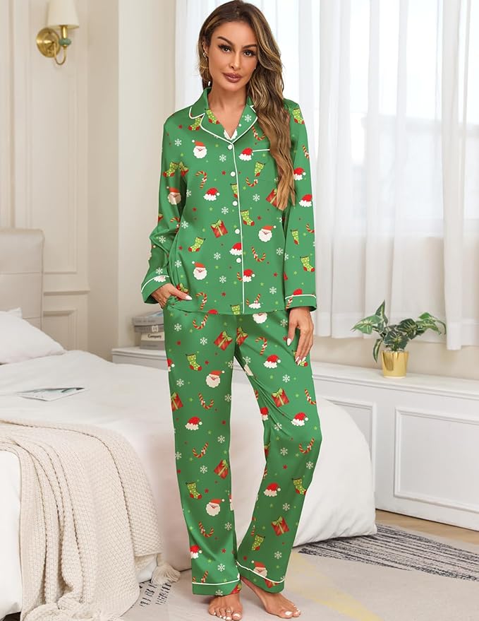 Veseacky Womens Satin Pajama Set Silk Pjs Button Down Long Sleeve Sleepwear Loungewear Sleepwear 2 Piece Pjs Set S-XXL