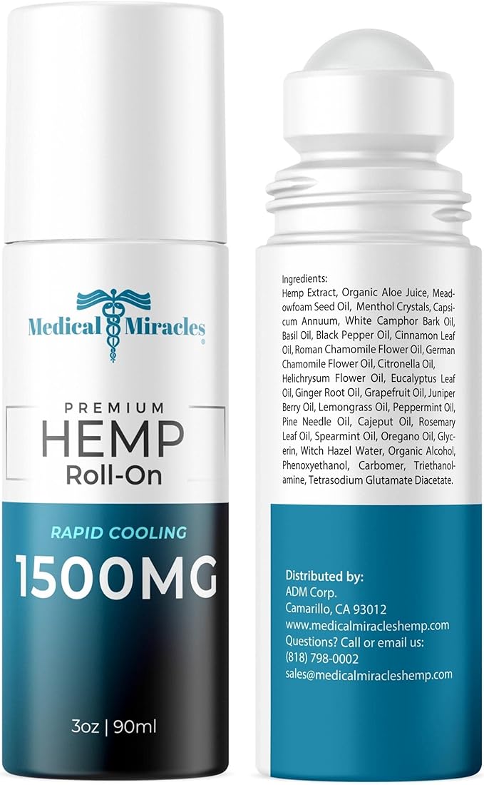 Medical Miracles New Hemp Oil Roll On - Ideal for Muscles, HIPS, Joints, Neck, Back, Elbows, Fingers, Hands, and Knees Made in USA (1500mg Roll-On)