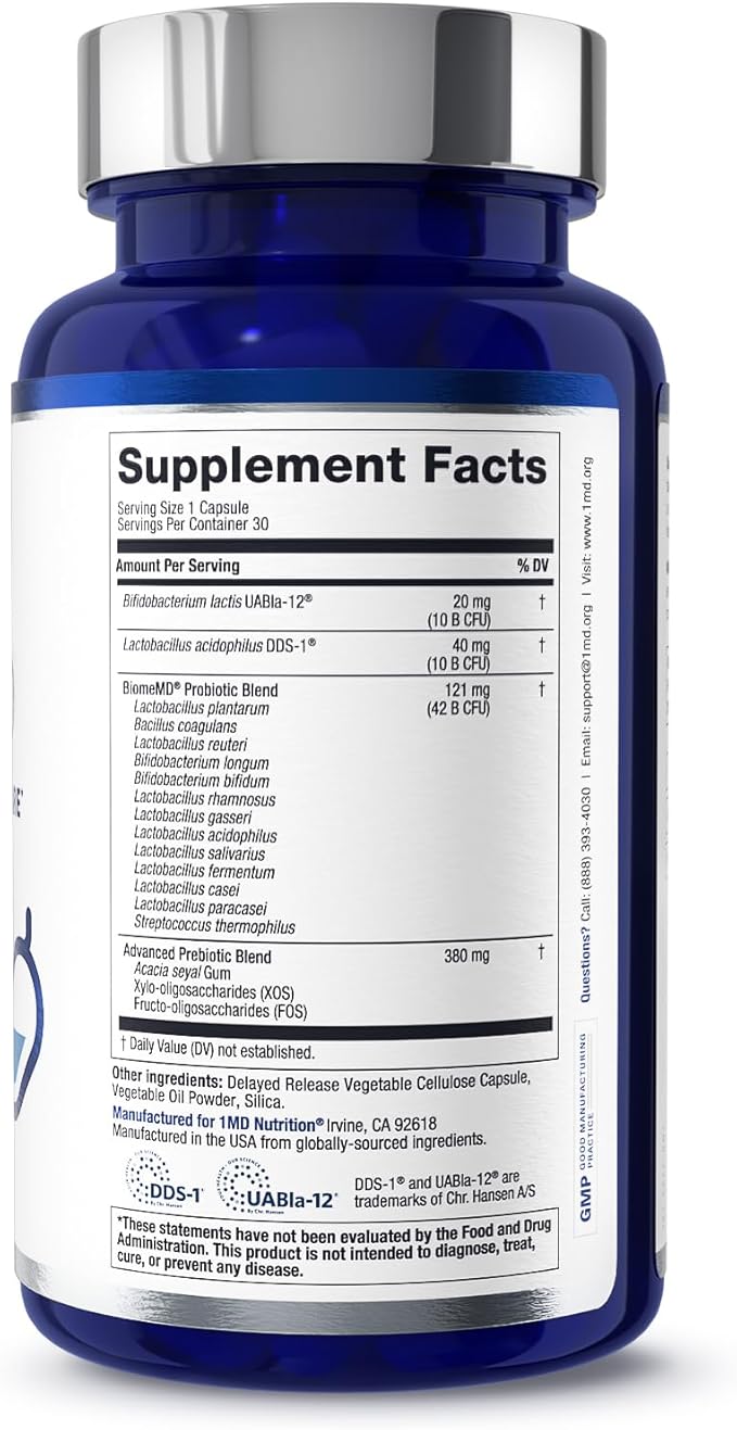 1MD Nutrition BiomeMD Probiotics | 62 Billion CFUs, 15 Comprehensive Strains - Pro & Prebiotics | Doctor-Formulated for Digestive Health & Immune Support | 30 Capsules