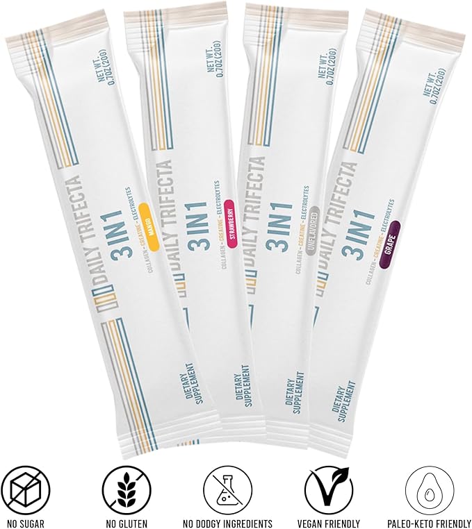 Daily Trifecta 3-in-1 Collagen, Creatine & Electrolyte Stick Packs | Type I Collagen, Creatine Monohydrate, Zero Sugar | 30 Natural Single-Serve Packets | Strength, Hydration & Recovery (Mango)