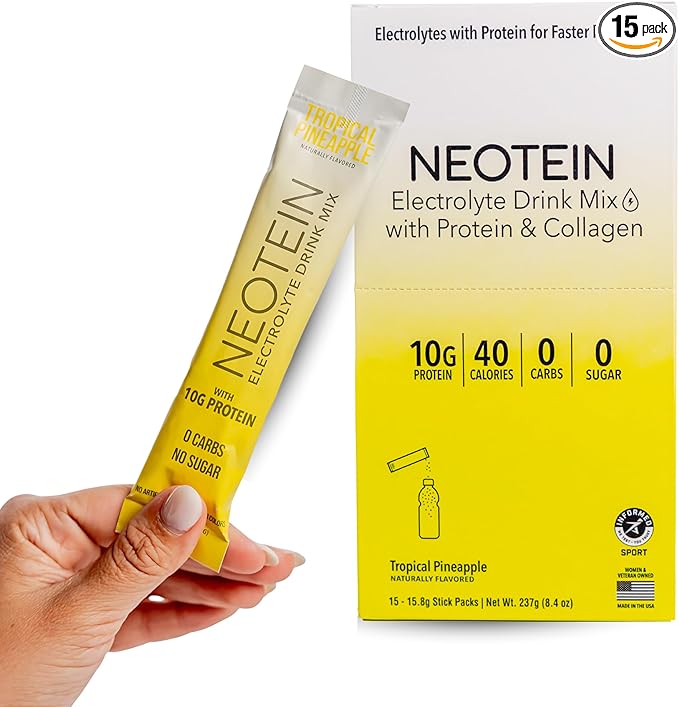 NEOTEIN: Electrolyte Powder Packets with 10g Protein & Collagen - Hydration Packets - Zero Sugar, NO Fillers, NO Carbs | Tropical Pineapple | 40 Calories | Keto & Paleo | Pack of 15