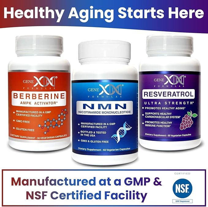 GENEX NMN, Resveratrol, and Berberine Power Pack Supplements | 250mg Nicotinamide Mononucleotide (NMN), Ultra Strength 500mg Resveratrol, & AMPK Activator Berberine 500mg for Healthy Aging (3 Bottles)