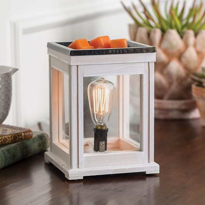 Candle Warmers Etc. Vintage Bulb Illumination Fragrance Warmer- Light-Up Warmer for Warming Scented Candle Wax Melts and Tarts to Freshen Room, Weathered White Wood