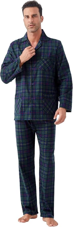 GLOBAL Men's Pajamas Sets 100% Cotton Flannel Sleepwear Long-Sleeve top & Bottom