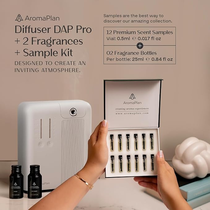 AromaPlan 2025 Waterless, Cold Air HVAC Scent Diffuser Whole House & Commercial Diffuser (Includes 2 Fragrances & 12 Set Sample kit) - Smart Scent Diffuser- Touch & App, 2000 Sq. Ft Cov. (White)