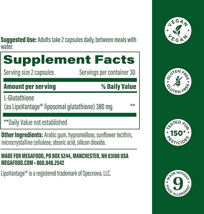 MegaFood High Absorption Liposomal Glutathione Supplement - Liver Detox & Powerful Antioxidant Support for Immune, Skin, Brain, and Cellular Health - Gluten Free, Vegan - 60 Capsules, 30 Servings