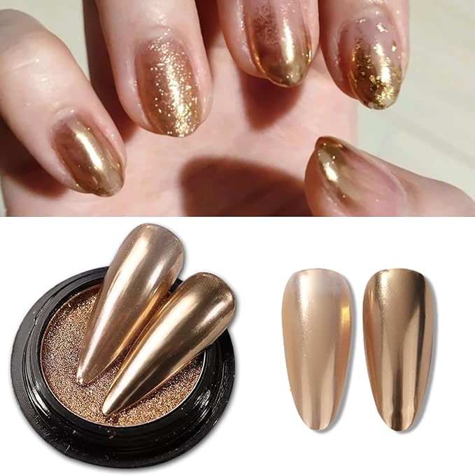 Holographic Mirror Nail Powders Chrome Gold Effect Pure Metallic Dust Sequins UV Gel Nail Chrome Pigment for Nail Art Decoration (Champagne)