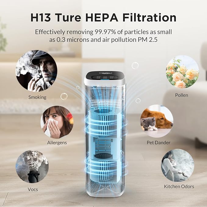 MS18 Air Purifier for Home Large Room and Bedroom with True HEPA Filter, Quiet Dust Removers, Odor Eliminators for Allergies, Smoke, Pets Dander, Mold, Smell, Pollen