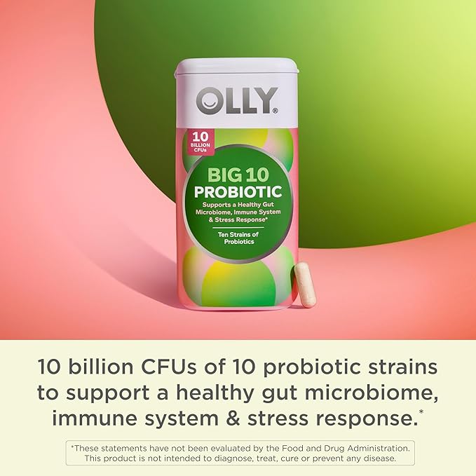 OLLY Big 10 Probiotic, Supports a Healthy Gut Microbiome,* 10 Billion CFUs, 30 Day Supply - 30 Count