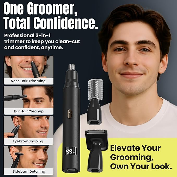 3-in-1 Nose Hair Trimmer for Men & Women – Electric Ear and Nose Hair Trimmer, Eyebrow Trimmer, USB-C Rechargeable Facial Hair Removal Device, Stainless Steel Blades, Digital LED Display