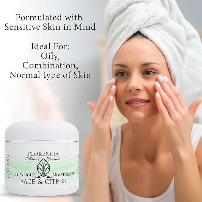 Florencia Sage & Citrus Lightweight Moisturizer - Oil-Free Hydrating Face Cream for Sensitive, Oily, Acne-Prone Skin - Plant-Based, Fast-Absorbing Moisturizer for Combination Skin