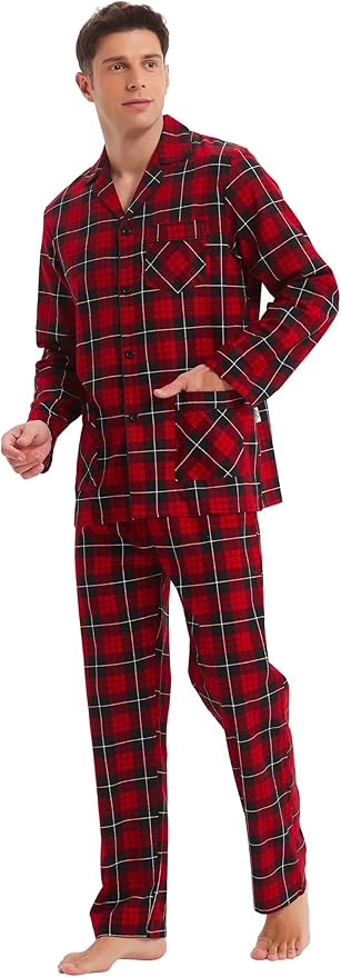 GLOBAL Men's Pajamas Sets 100% Cotton Flannel Sleepwear Long-Sleeve top & Bottom