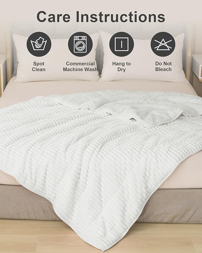 Sherpa Fleece Weighted Blanket with Ribbed Stripes for Adults, 15 lbs Dual Sided Cozy Warm Blanket for Couch Full Size Bed, Ceramic Beads Heavy Thick Blankets Great for Sleep, White, 60" x 80"