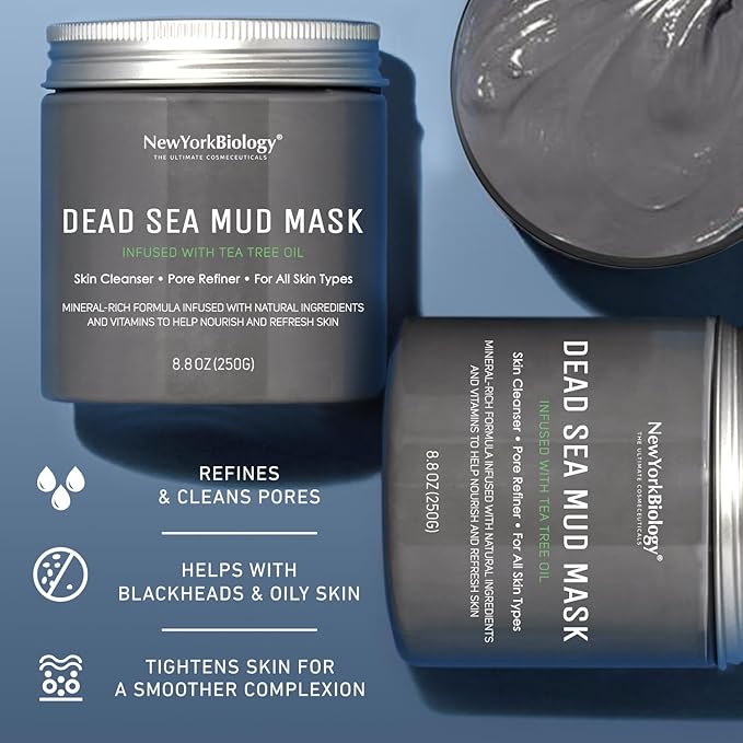 New York Biology Dead Sea Mud Mask for Face and Body | with Tea Tree | Spa Quality Pore Refiner for Oily Skin | Natural Skincare for Women & Men | Tighten Skin for A Healthier Complexion | 8.8 oz
