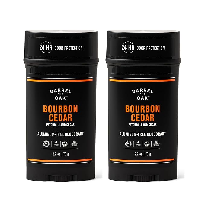 Barrel & Oak Aluminum Free Deodorant for Men, Natural Men's Deodorant with Patchouli & Cedar Essential Oil for Delicate Skin, Grooming Kit Gifts for Men, Bourbon Cedar, 2.7 oz, 2-Pack
