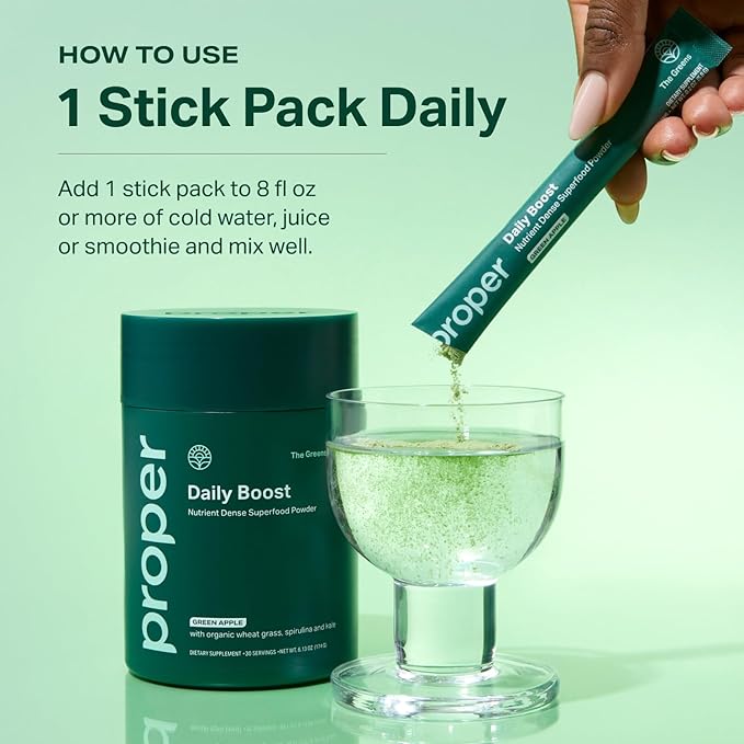 Proper, The Greens Daily Boost Organic Greens Powder. Whole Food, Apple Flavor Veggie Powder Superfood with Wheatgrass, Spirulina, Chlorella, Probiotics. Daily Drink Mix for Wellness and Digestion