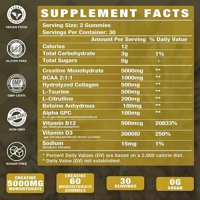 Creatine Monohydrate with Vitamins D3 & B12 | Sugar-Free Hydrolyzed Collagen & Creatine Gummies | 120 Count