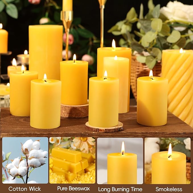 Natural Beeswax Pillar Candles, 2x3in Organic Pillar Candles-128 Hours Pure Beeswax Candles Long Burning Time Smokeless Dripless Bees Wax Candle for Home Paryer Relax, 4 Packs