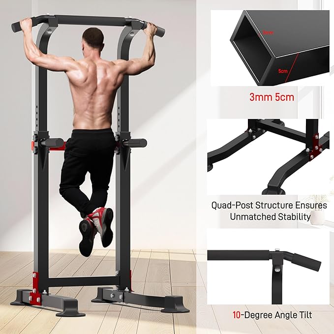Outdoor Basic Power Tower, Pull Up Bar and Dip Station for Home Gym, 1600LBS Weight Capacity, Adjustable Height, Heavy Duty Steel Frame for Calisthenics, Strength Training Fitness Equipment