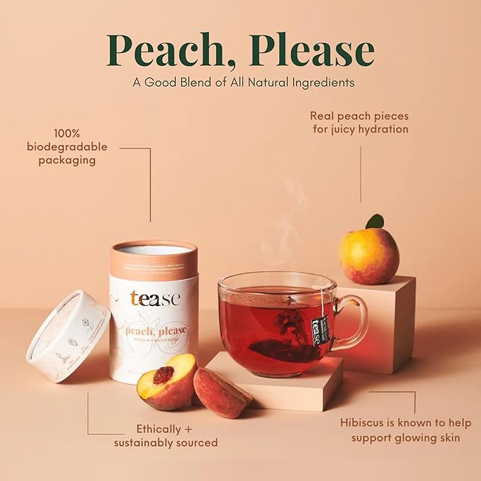 Tease Tea Peach Herbal Tea - Peach Please Caffeine Free Tea, Made with Organic Peaches, Hibiscus Flowers, and Rosehip, Hibiscus Tea Blend For Juicy Fresh Hydration And Glowing Skin