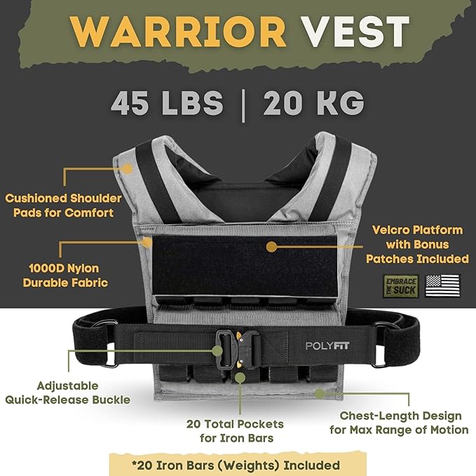 Polyfit (Warrior) Adjustable Weighted Vest - 25lb | 35lb | 45lb - Weight Vest with Adjustable Iron Weights for Men and Women for Workouts, Strength Training, Rucking