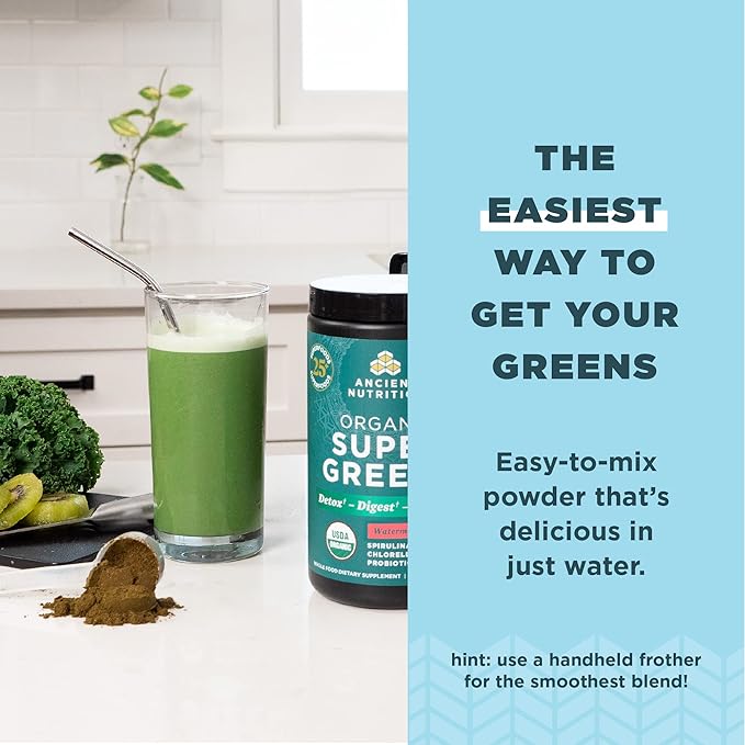 Ancient Nutrition SuperGreens Powder with Probiotics, Organic Watermelon Flavor Greens, Made from Real Fruits, Vegetables and Herbs, for Digestive and Energy Support, 25 Servings, 8.82oz