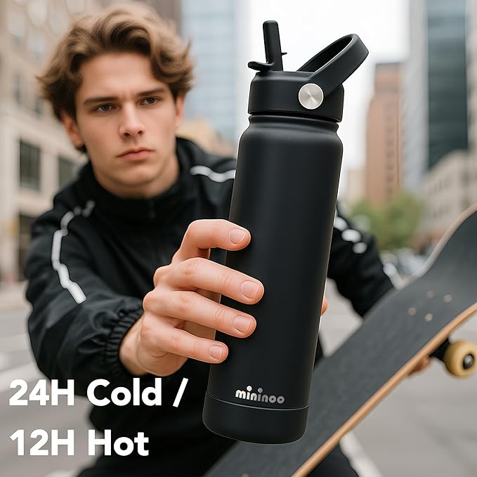 Insulated Stainless Steel Water Bottle with Straw, Ceramic-Lined, BPA-Free & Leak-Proof, 24 oz, Black