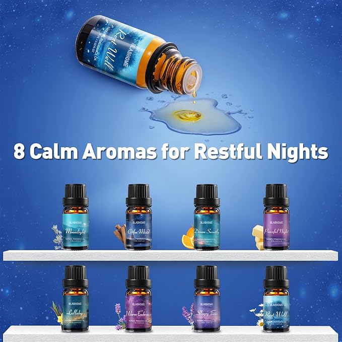Good Night Essential Oils Set | 8 Pcs Sleep Aromatherapy Oils for Diffuser, Fragrance Oil for Candle, Aromatherapy Gift Set, Sleepy Time, Rest Well, Moonlight, Dream Sweetly, Peaceful Night, & More